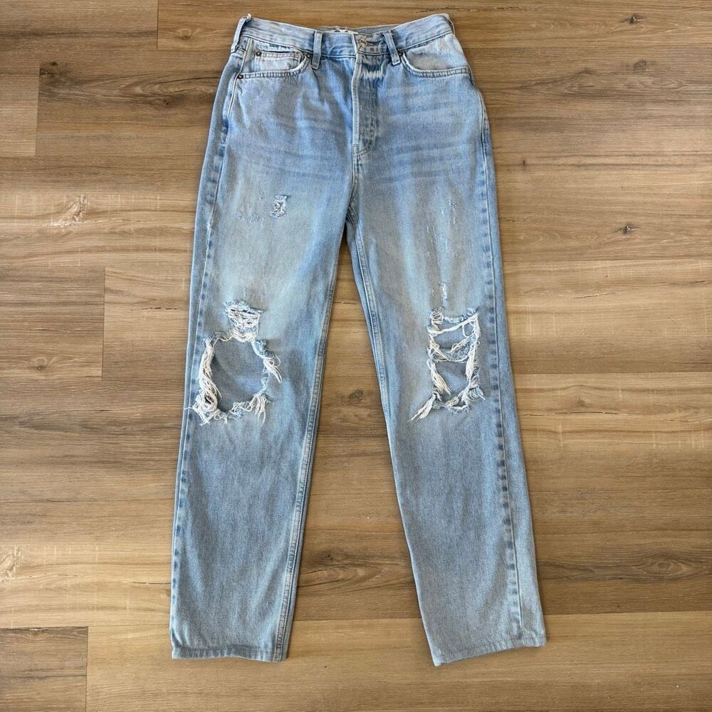Free People Womens High Rise Button Fly Blue Distressed Jeans Size 26 Festival